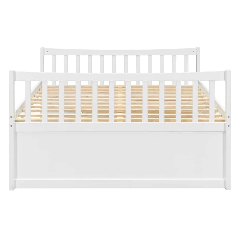 Full Size Daybed with Twin Trundle and 3 Drawers Solid Wood White No Box Spring Needed