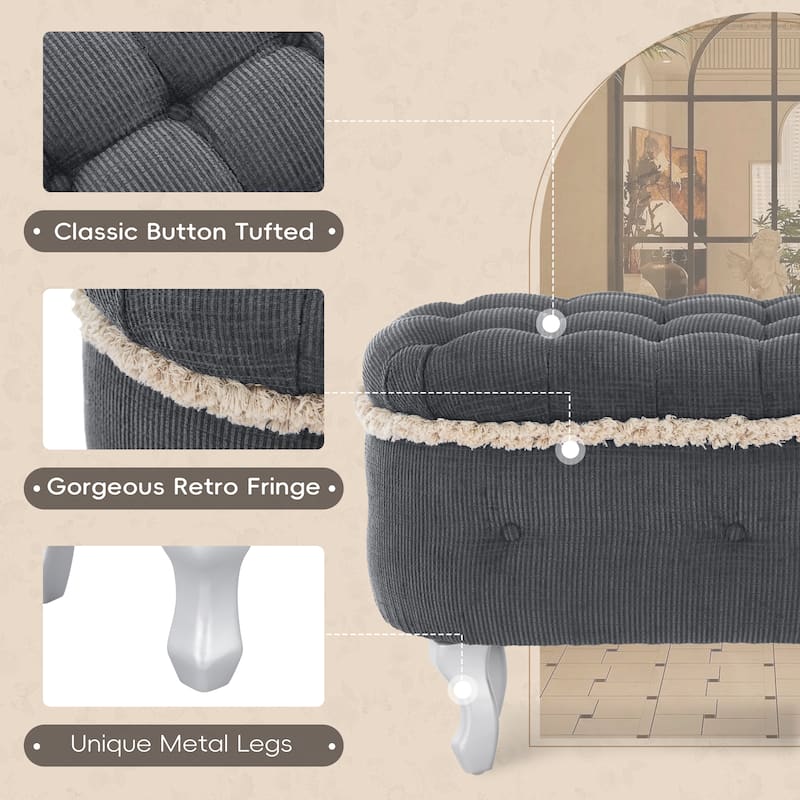 Roomfitters Upholstered Storage Bench with Button Tufted Top, End of Bed Bench with Fringe and Curved Legs