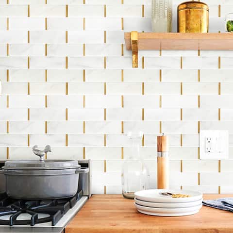 TileGen. Natural Bianco 2" x 6" Subway Metal and Marble Mosaic Tile in Gold/White Wall Tile (10 sheets/9.7sqft.)
