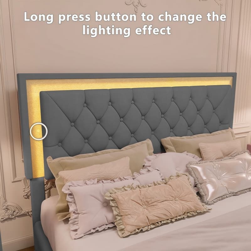 Full Size Modern Upholstered Velvet Platform Bed Frame with Tufted Headboard and LED Lights