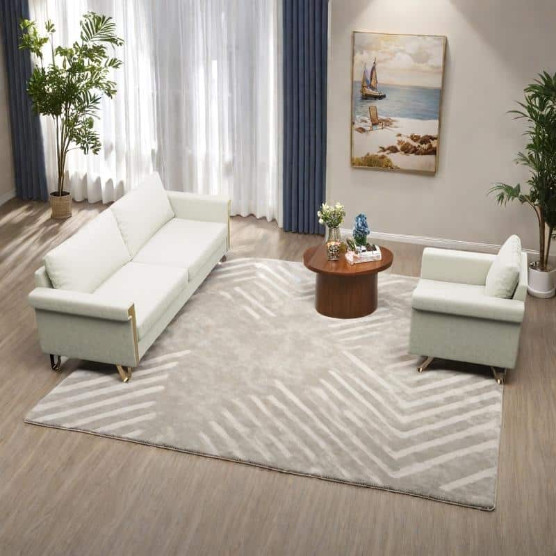 Velvet 3-Seater Sofa Chair Set with Gold Metal Legs and Deep Cushions (Mid-Century Modern) - Cream White