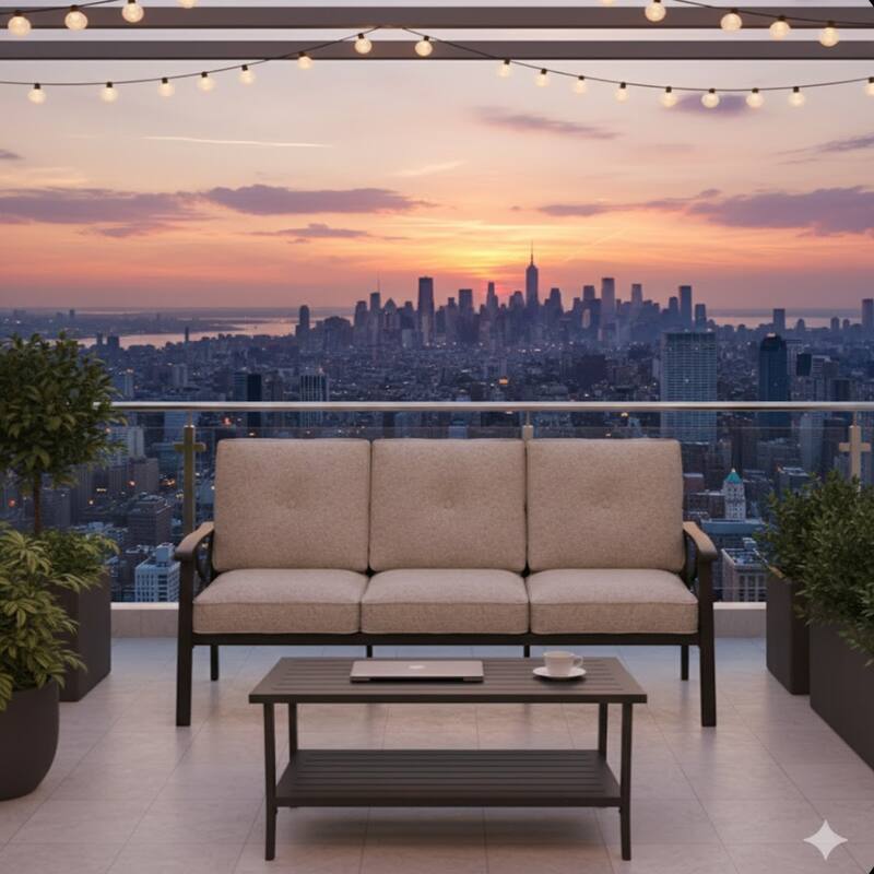 70" 3-Seat Patio Sofa and Rectangular coffee Table with Beige Cushions