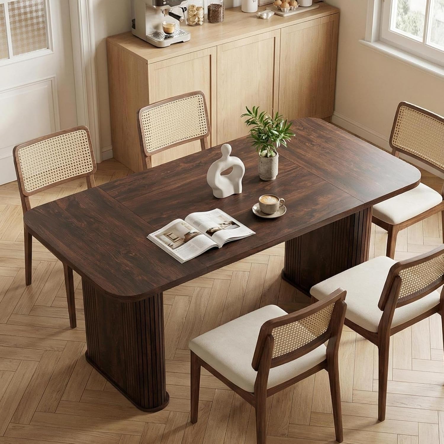 62 in Dining Table for 6-8, Rectangle Wooden Kitchen Table with Double Robust Pedestal