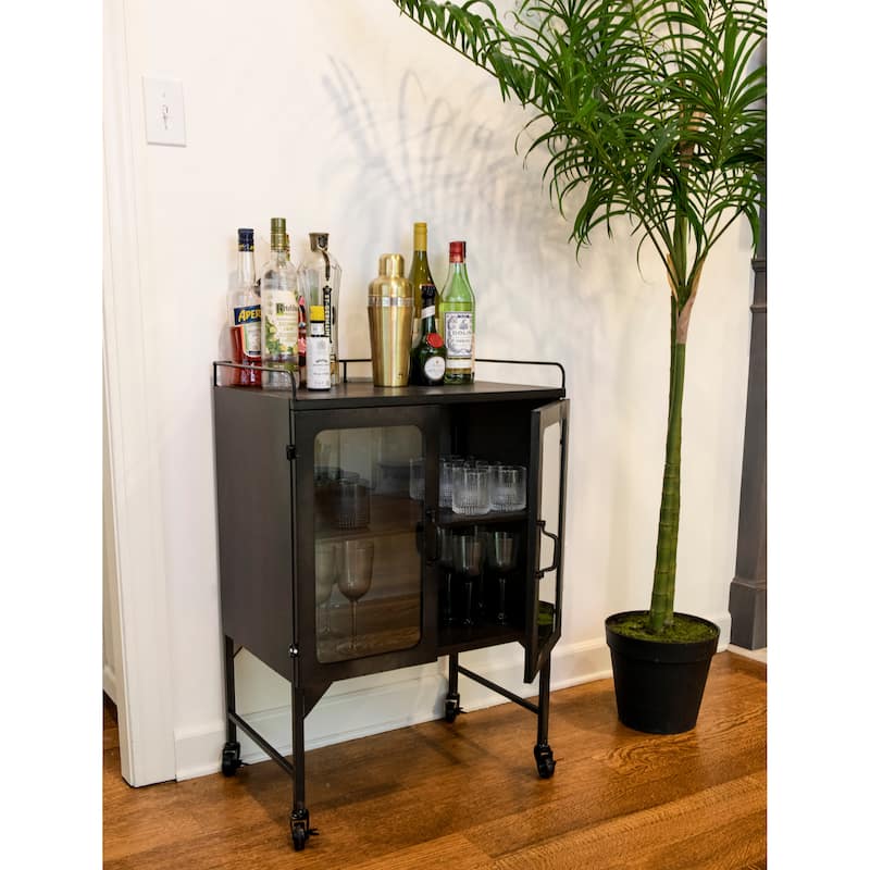 Metal Cabinet with Glass Doors and Wheels