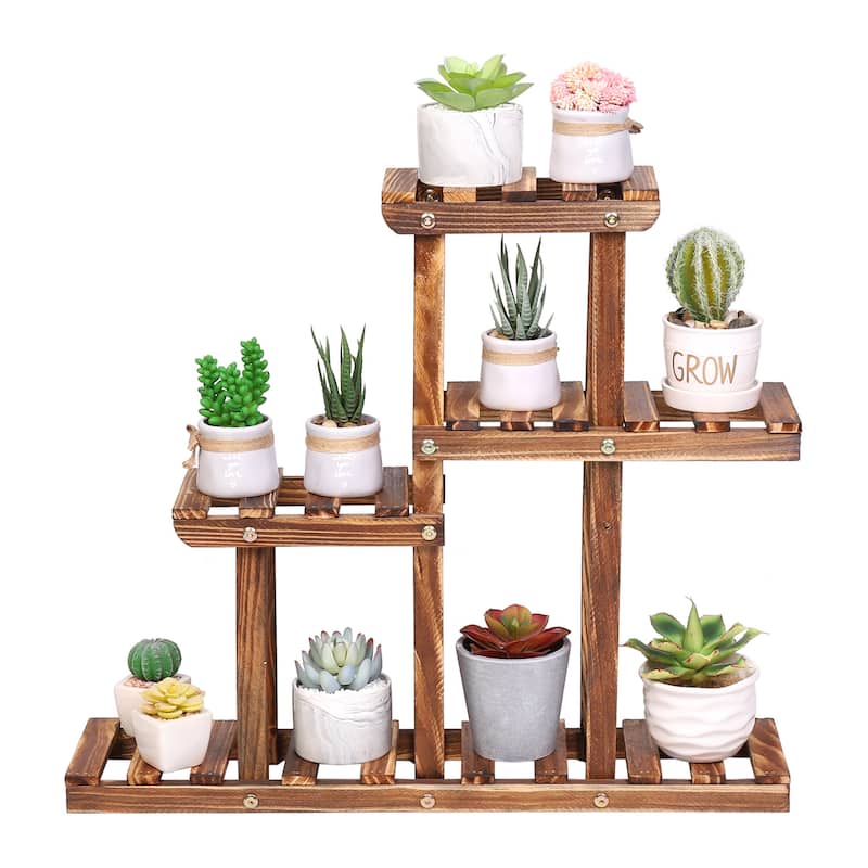 4 Tier Small Plant Stand Carbonized Wood Flower Rack Indoor Outdoor