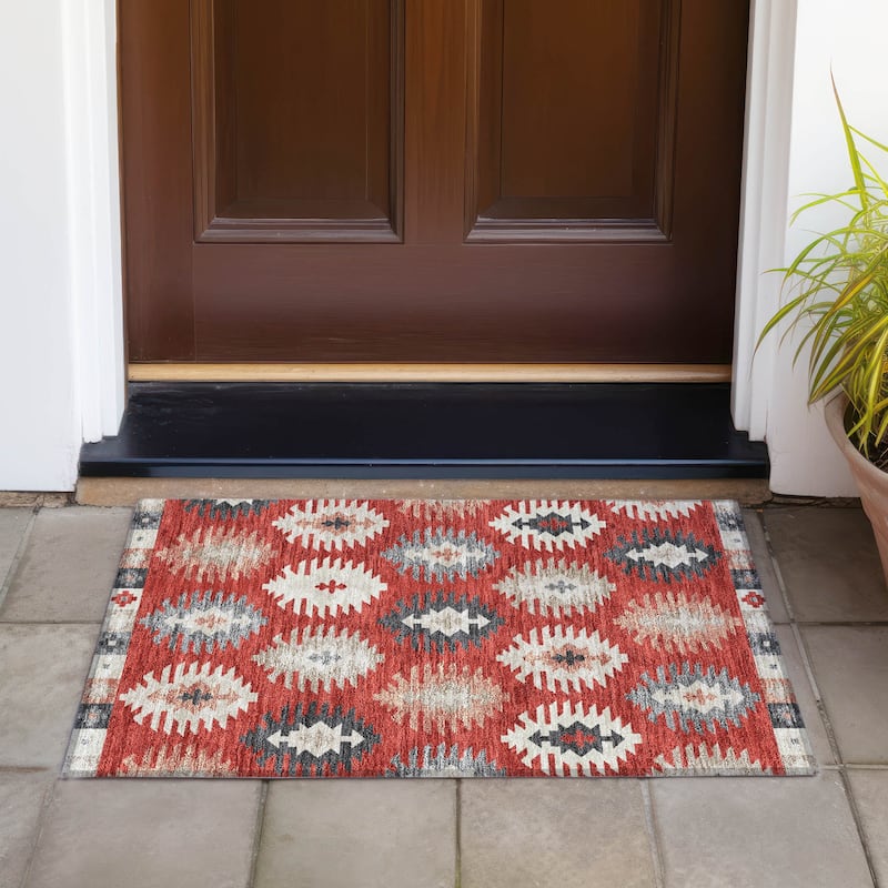 Machine Washable Indoor/ Outdoor Boho Tribal Chantille Rug - Red - 1'8" x 2'6"