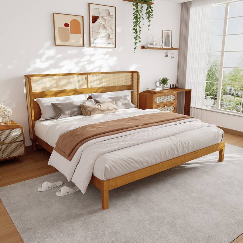 Roomfitters Rubber Wood Platform Bed Frame with Headboard, Premium Mid Century Modern Mattress Foundation, Natural Finish