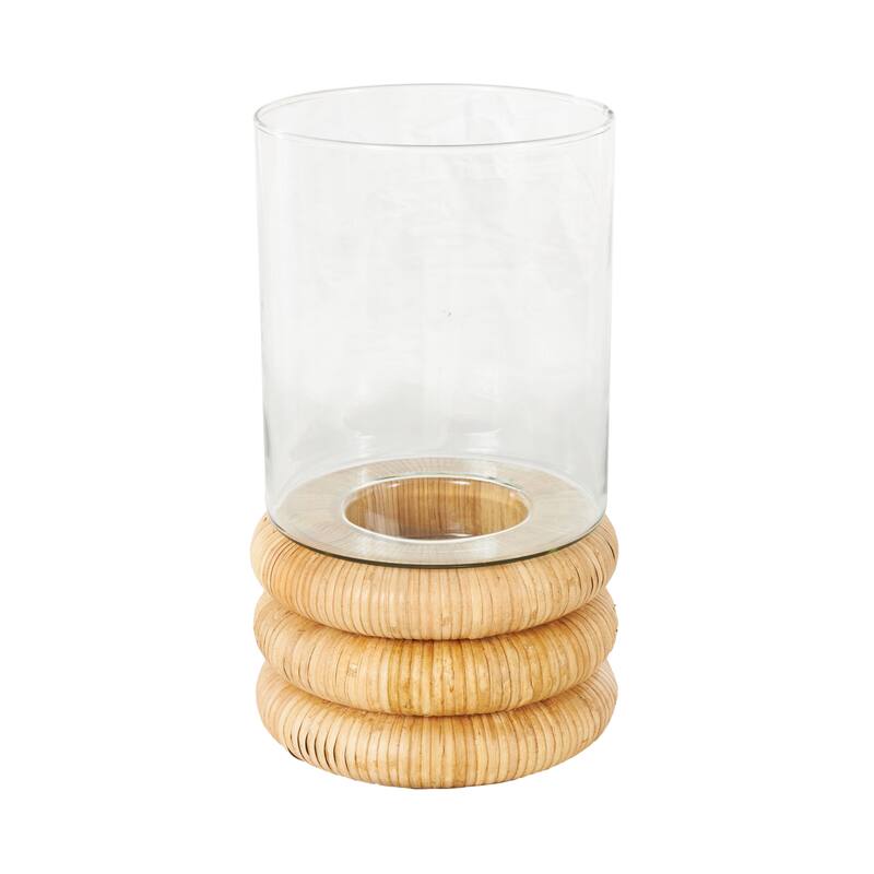 Clear Glass Round Room Hurricane Lamp with Light Brown Woven Base - 8"W x 8"L x 13"H