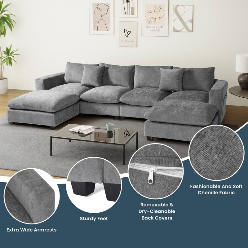Lucca 6-Piece Chenille Upholstered Modular Sectional with USB Port