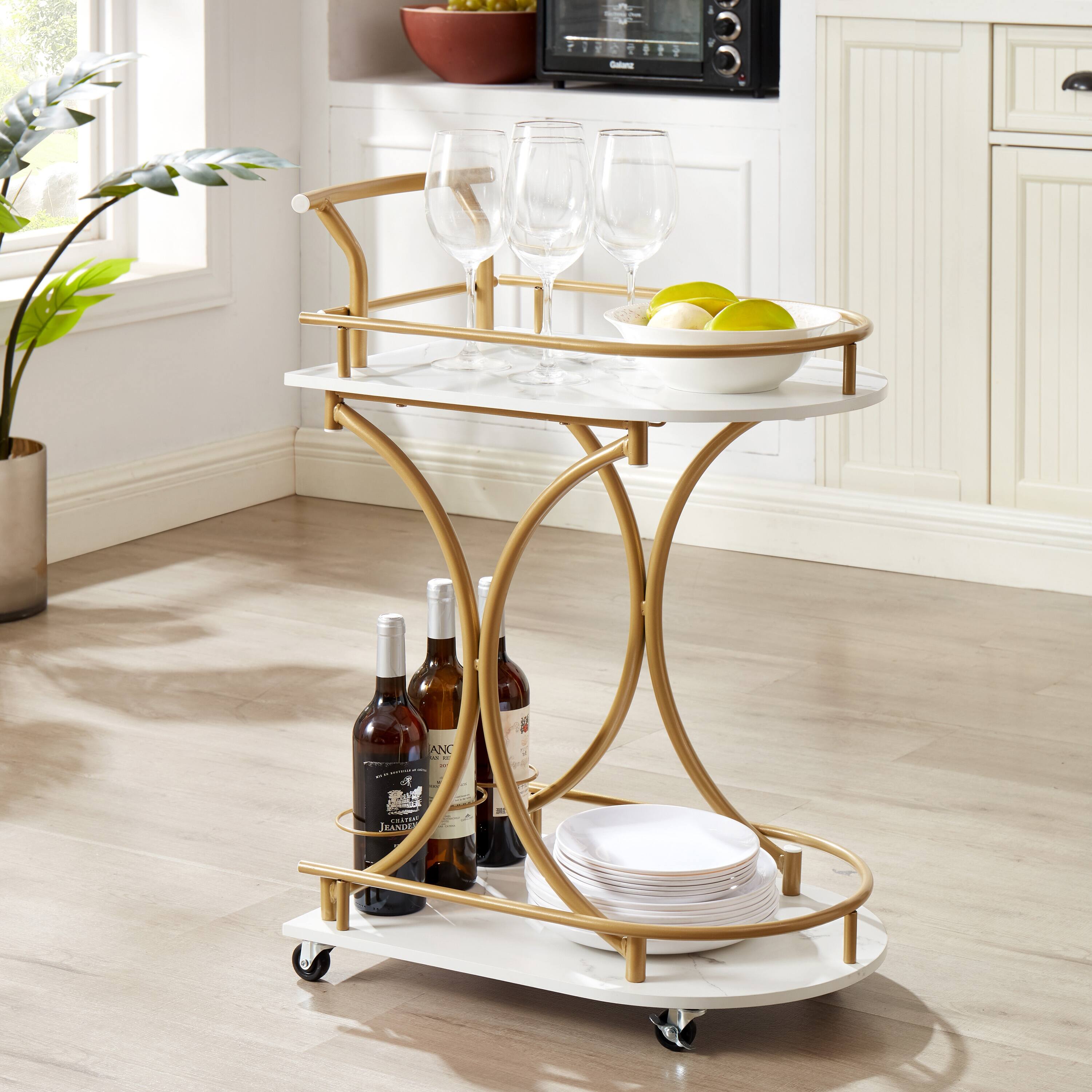 2Tier Mobile Bar Cart, Wine Cart for Kitchen, Beverage Cart with Wine Rack and Glass Holder