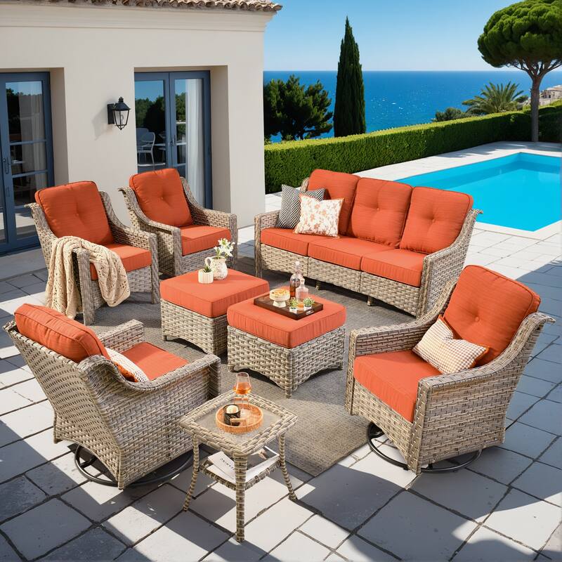 OVIOS 8-piece Patio Wicker Swivel Rocking Chair Set With Ottoman