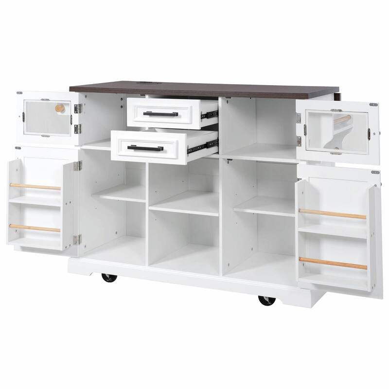 54.9" Kitchen Island with Drop Leaf, Power Outlet, Kitchen Storage Cart