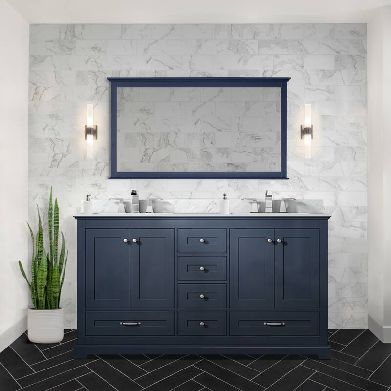 Dukes 60 in. W x 22 in. D Navy Blue Double Bath Vanity, Carrara Marble Top, Faucet Set, and 58 in. Mirror - Blue - Double Vanities