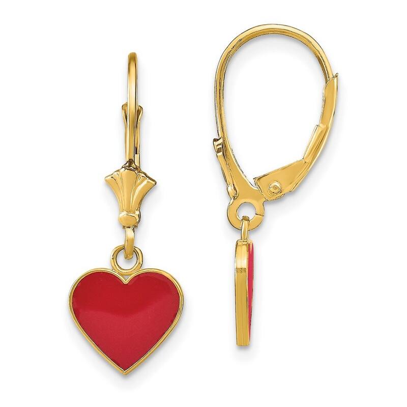 Curata 14k Yellow Gold 3D Mini Red Love Heart Enamel Leverback Earrings - 26x9mm
