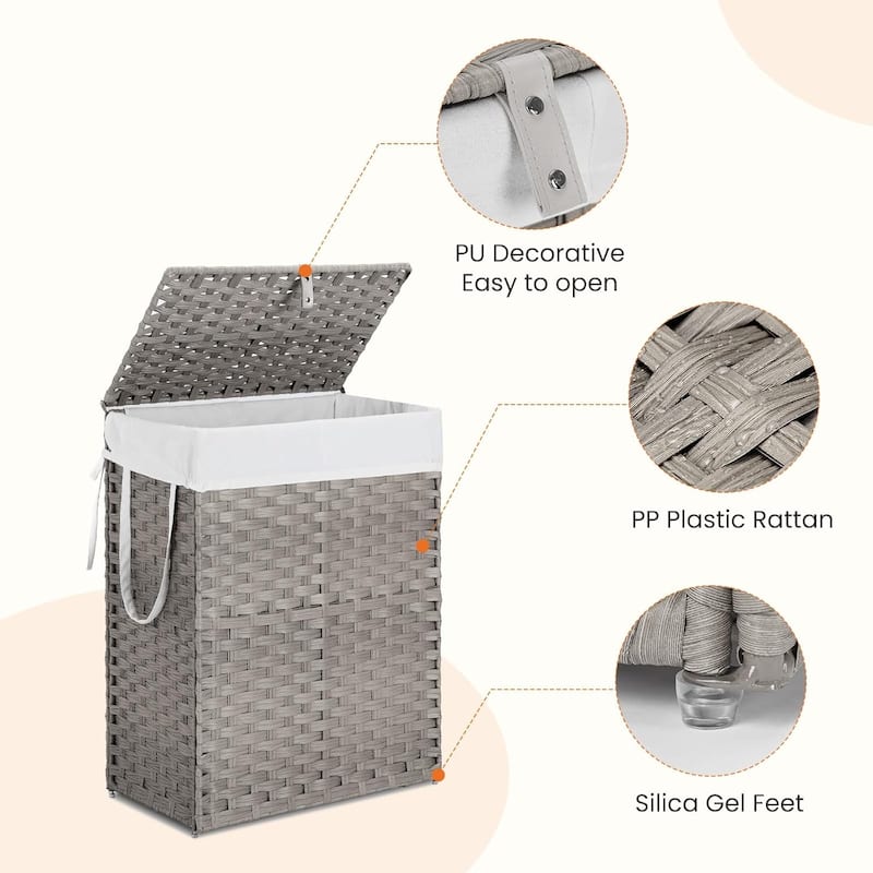 Laundry Hamper with Lid, Synthetic Rattan Clothes Laundry Basket with Lid and Handles, Foldable, Removable Liner