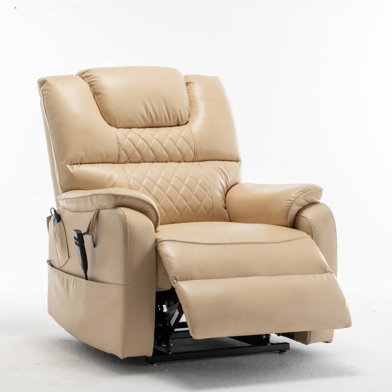 Beige Oversized Electric Recliner with OKIN Motor, 180° Lay Flat Function, Extra-Wide Seat, and Side Storage Pockets
