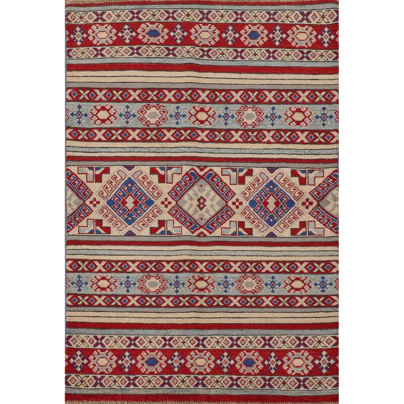 All-Over Geometric Kazak Oriental Accent Rug Hand-Knotted Wool Carpet - 3'5"x 4'10"