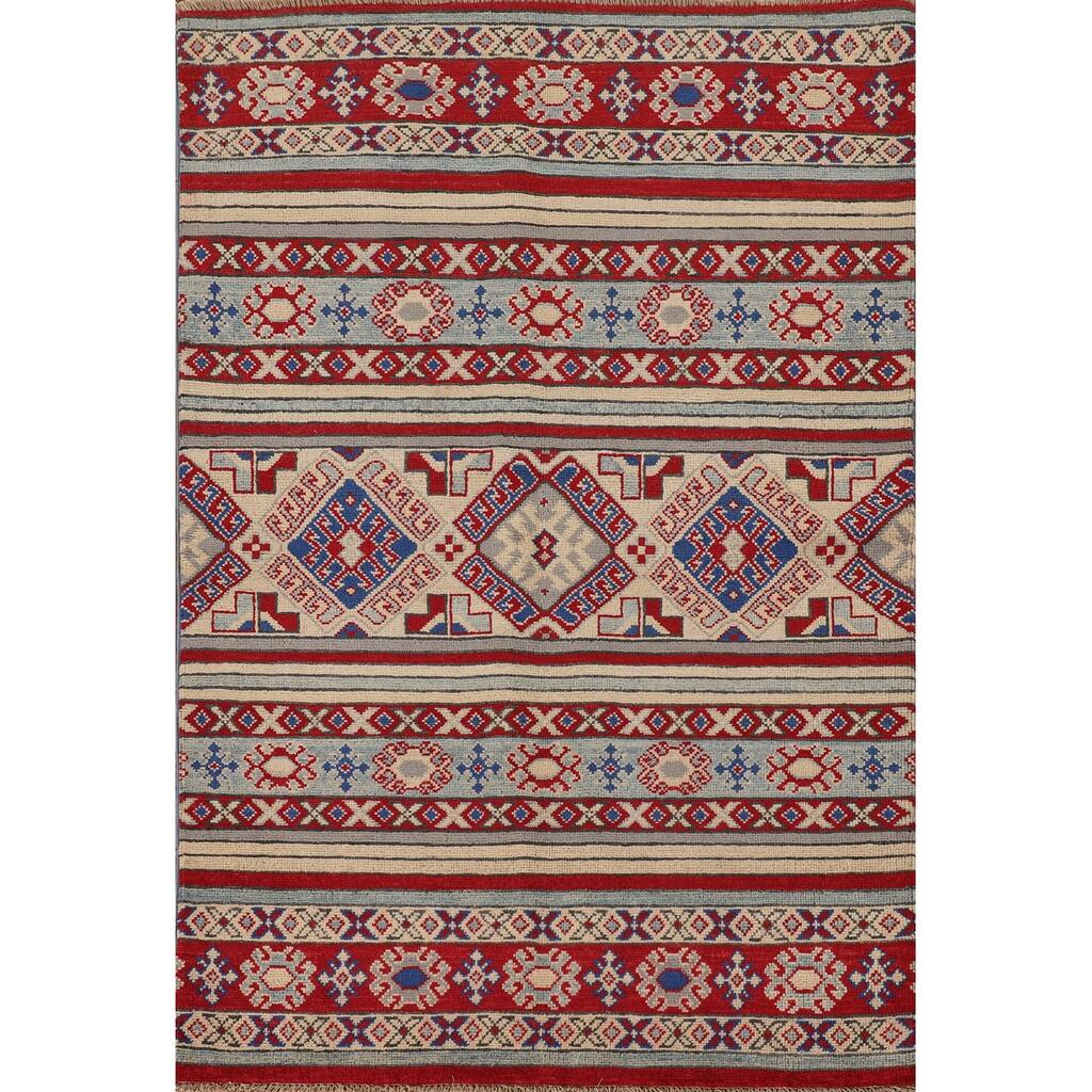 All-Over Geometric Kazak Oriental Accent Rug Hand-Knotted Wool Carpet - 3'5"x 4'10"