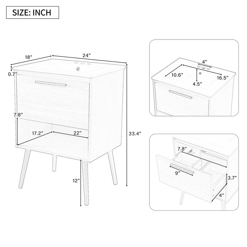 24" Bathroom Vanity with Sink Combo, Multi-functional Bathroom Cabinet with Drawer, MDF Board, Natural