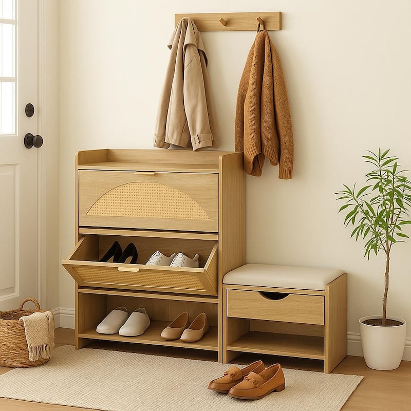 Homy Casa Rattan Shoe Storage Bench Flip Drawers Hidden Drawer Brown - Natral