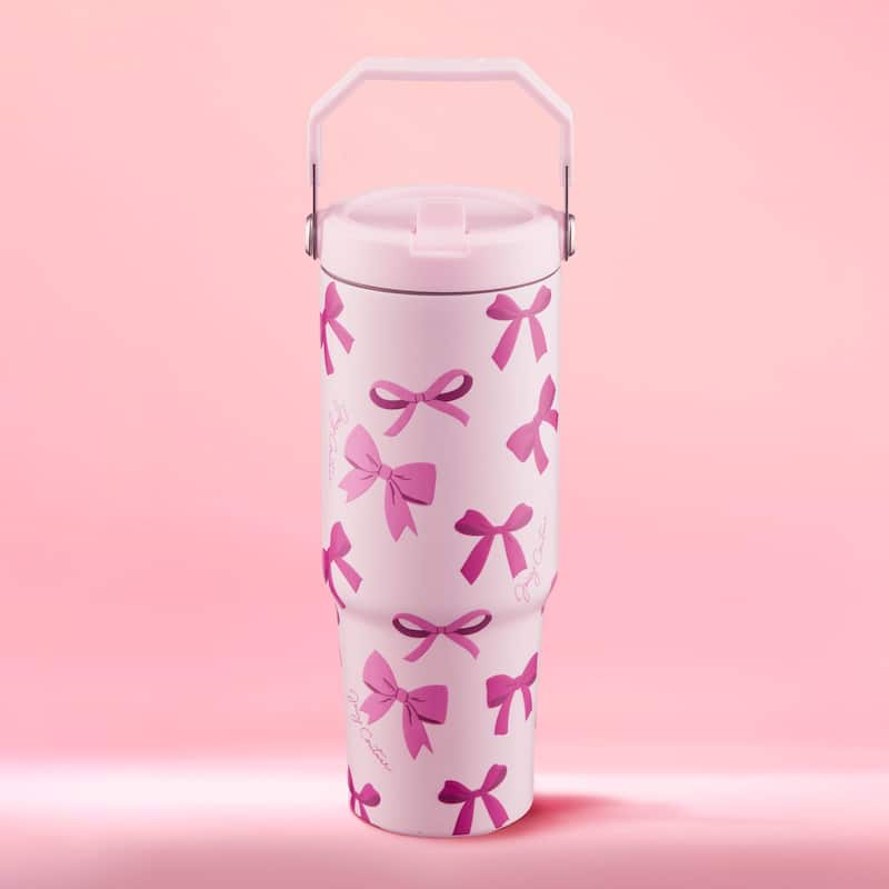 Juicy Couture Flip & Sip Hydration Stainless Steel Screw Top Tumbler with Flip Straw and Carry Handle - 30oz - Tossed Pink Bows