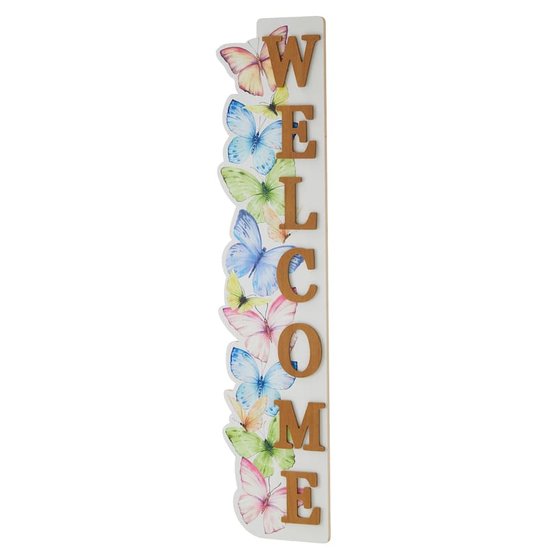 Glitzhome 42"H Solid Wood WELCOME Porch Sign with Bee or Butterfly Outdoor Decor