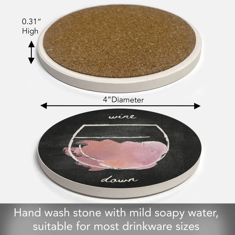 Wine Down 4 Pack Absorbent Stone Coaster with Protective Cork Backing Made in The USA 4" Round, Easily Wipes Clean