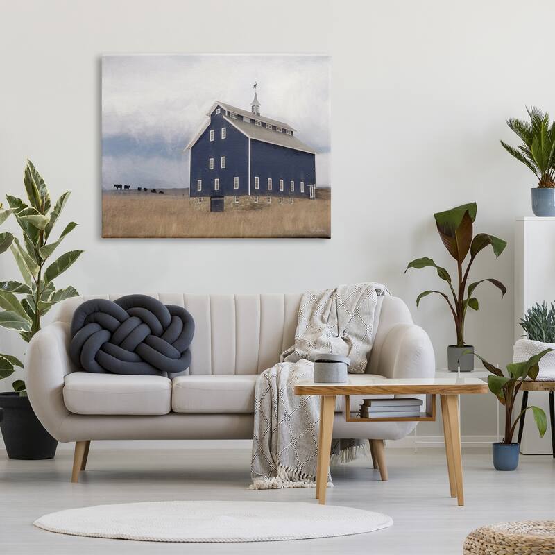 Stupell Blue Farm Barn Landscape Animals Grazing Cloudy Sky Canvas Wall Art