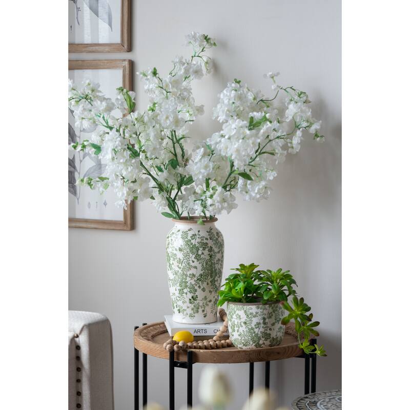 6.5x6.5x11.6" White Ceramic Flower Vase with Green Floral Pattern