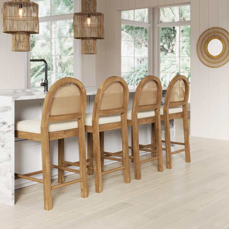 Bailey Boucle Upholstered Rattan Bar Stool or Counter Height Stool with Natural Rattan Woven Back For Kitchen Island