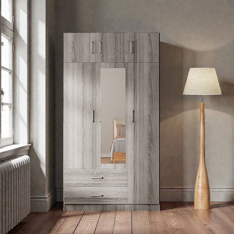 3 Door Wardrobe with Mirror, Top Cabinet and 2 Drawers, Freestanding Bedroom Armoire Closet Storage - Grey