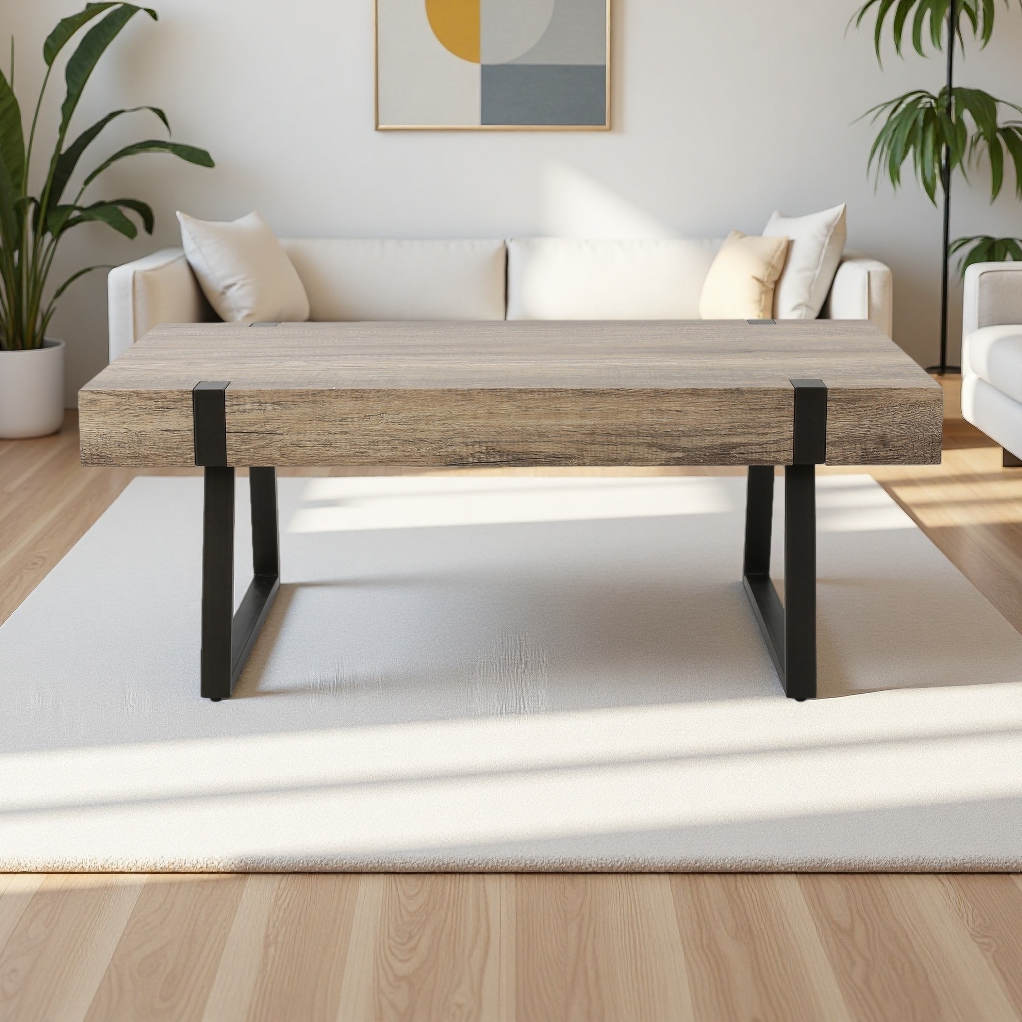 43.25" Faux Wood and Metal Industrial Coffee Table with Sturdy Legs and Thick Top for Living Room, Apartment, or Lounge