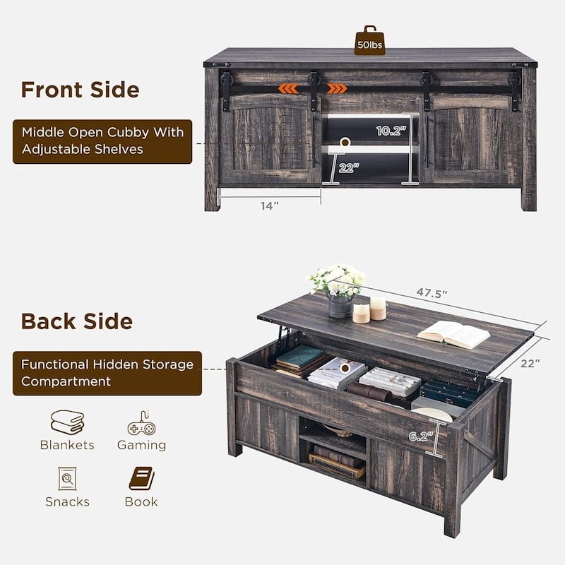 Farmhouse Lift Top Coffee Table, Rustic Wood Center Table