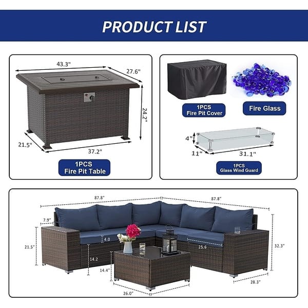 dimension image slide 4 of 7, Outdoor Patio Furniture Set, All Weather PE Wicker Sectional Conversion Sofa set with Firepit(Optional)