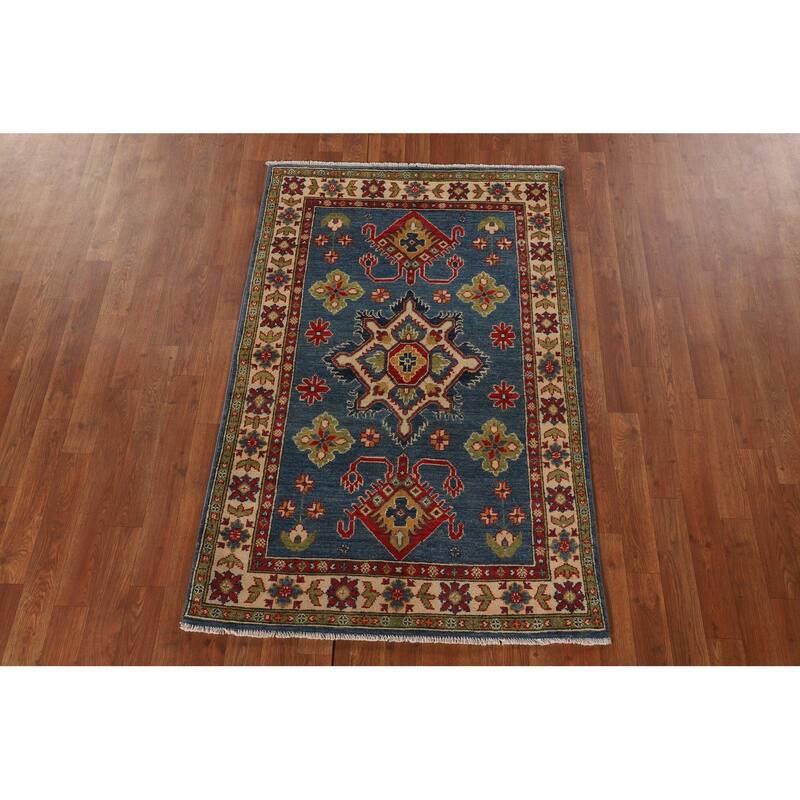 Traditional Blue Kazak Oriental Accent Rug Hand-Knotted Wool Carpet - 3'3"x 5'0"