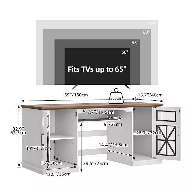Rustic TV Stand for 32 to 65 In TVs with Storage 3-Sided Glass White - 58 inches