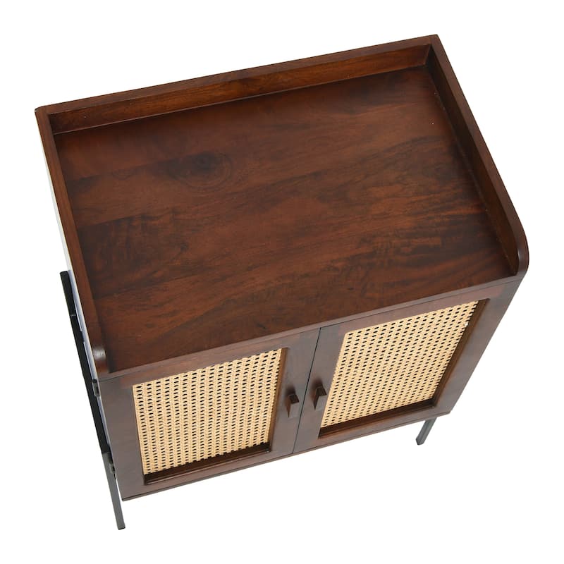 Solid Wood Bar Cabinet with Metal Legs and Woven Cane Doors
