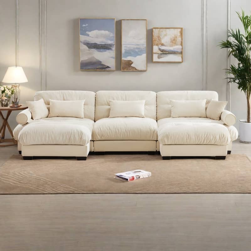 130" 3-Seat Velvet Modular Sectional Sofa with Movable Ottomans, Bolstered Armrests, and Included Pillows