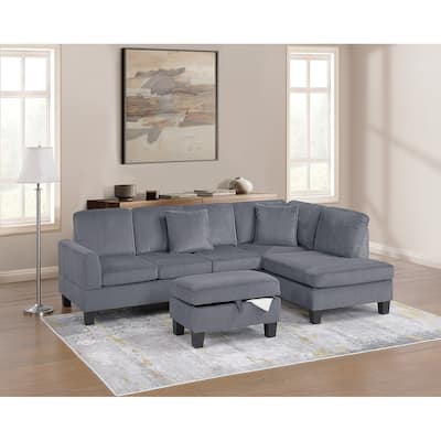 3pc Sectional Set with Chaise, Sofa and Ottoman in Dark Gray Corduroy, Living Room