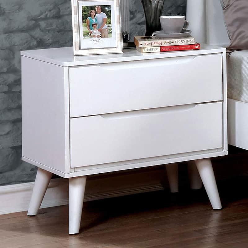 Mid-Century Modern White Nightstand with Round Tapered Legs and 2 Drawers - White