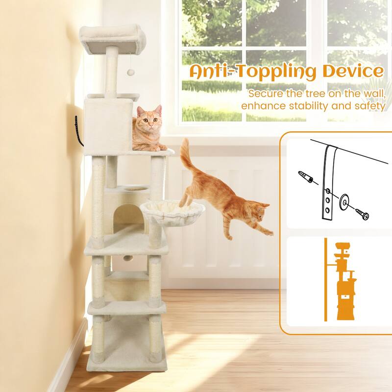 Gymax 80'' Tall Cat Tree w/2 Condos Sisal Scratching Posts Plush Perch