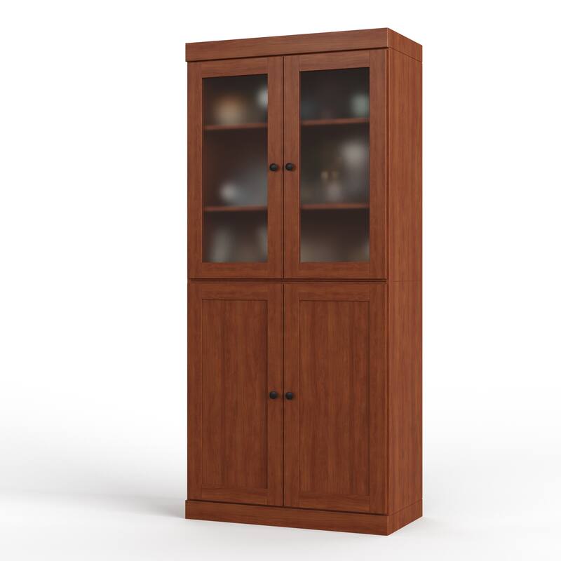 Palace Imports 100% Solid Wood 32" Pantry Cabinet with Frosted Glass, Shaker Doors, 2-Drawers and Adjustable Shelves - Mocha