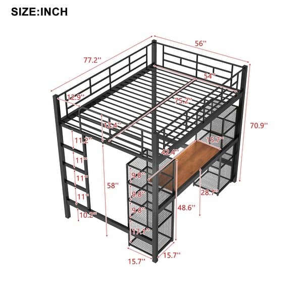dimension image slide 0 of 2, Full Size Metal Loft Bed with Built-in Desk and Shelves, Practical Storage Kids Teens Bed Frame