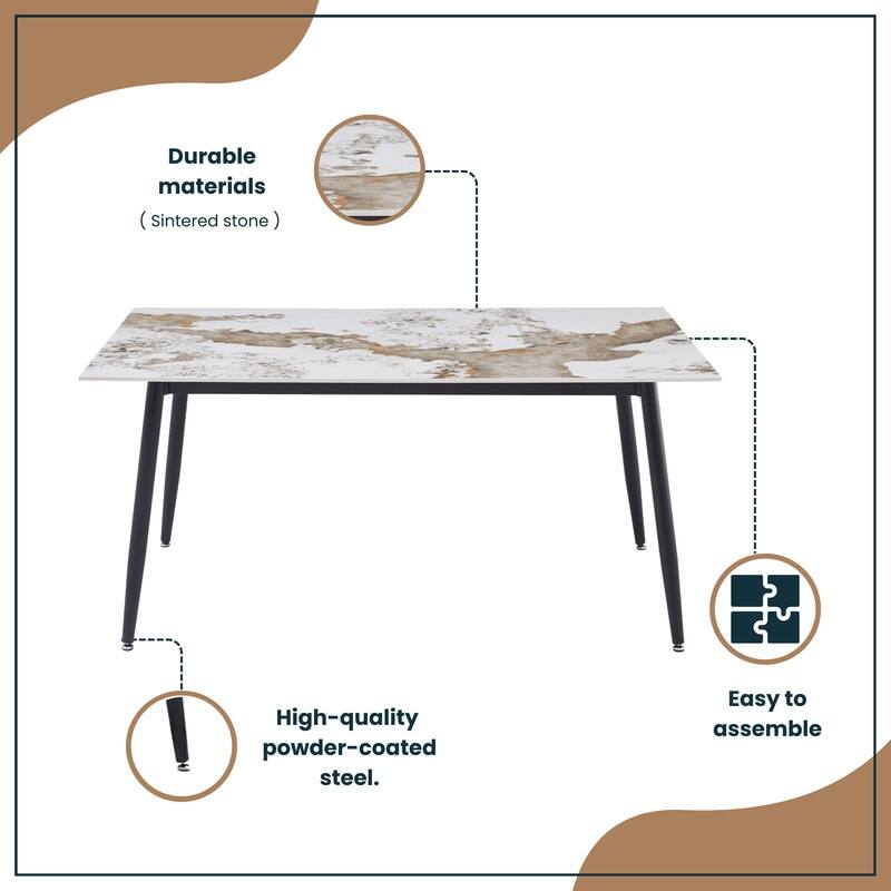 Zayle Rectangular Dining Table with Glass/Sintered Stone Tabletop in Steel