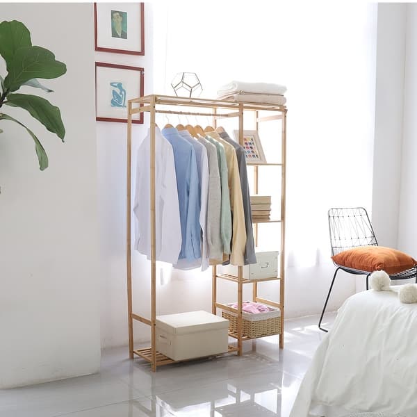 Bamboo Clothes Rack Garment Closet Storage Organizer Hanging Rail Shelf  Dress room
