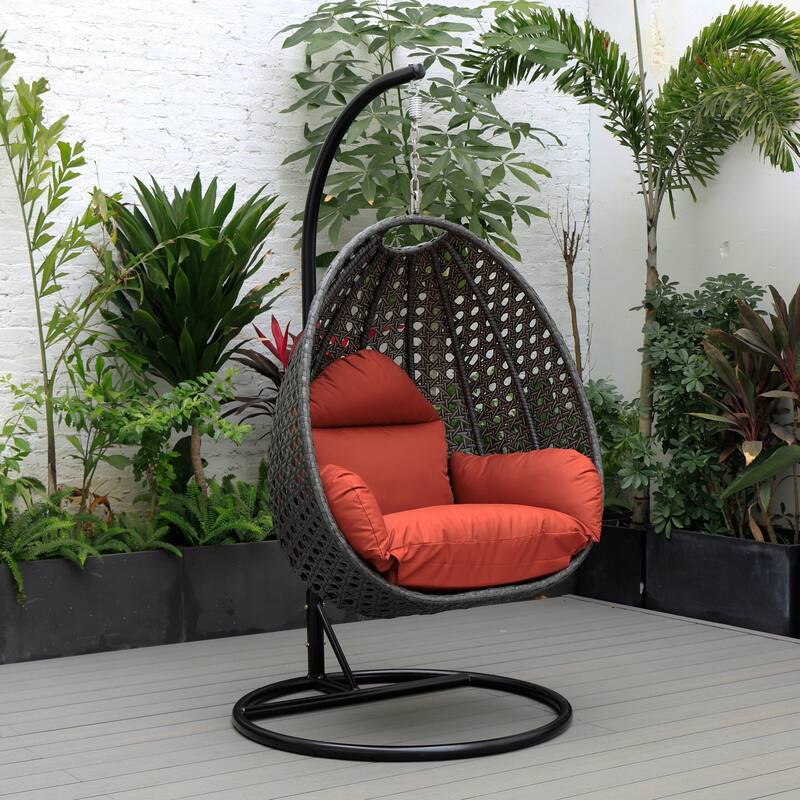 LeisureMod Charcoal Single Seater Rattan Wicker Egg Swing Hanging Chair for Indoor Outdoor Patio Porch Backyard Garden