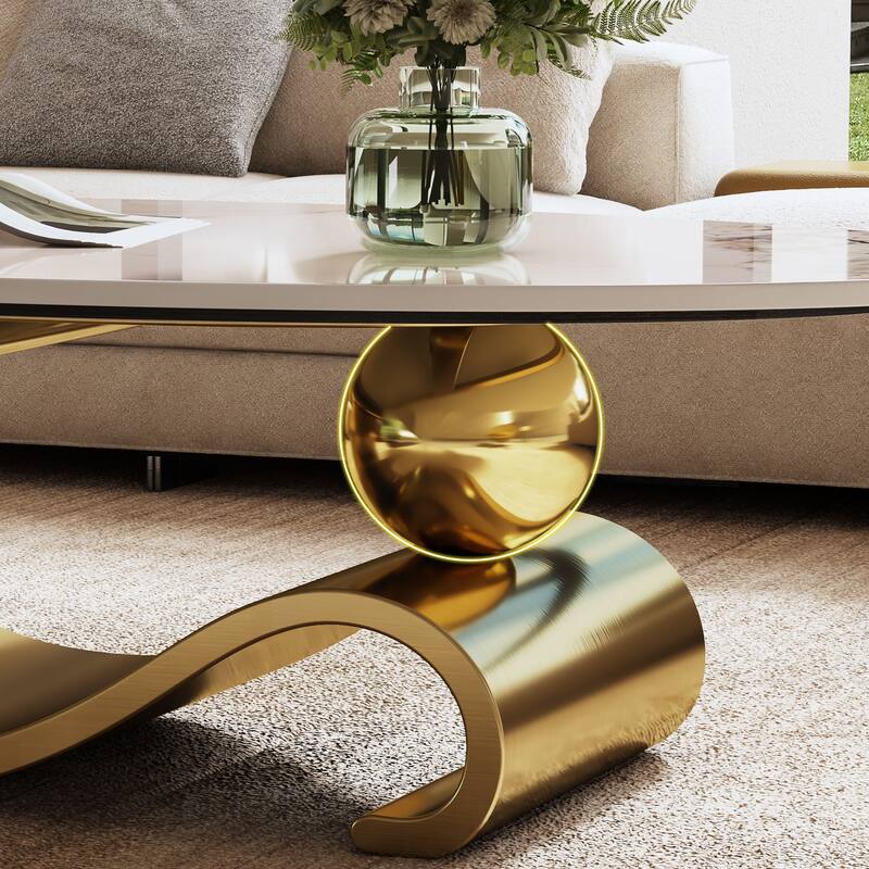 GDFStudio - Contemporary 49.2" Oval Sintered Stone Coffee Table with S-Shaped Stainless Steel Base & Novel-Pattern Top