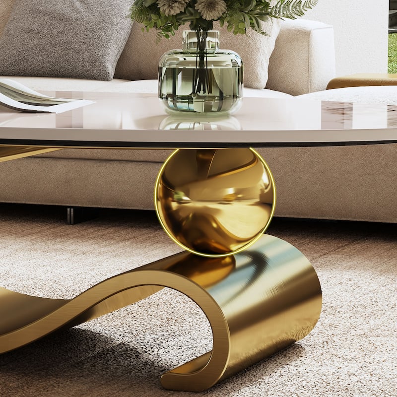 Oval Faux Marble Top Center Coffee Table with Stainless Steel Base