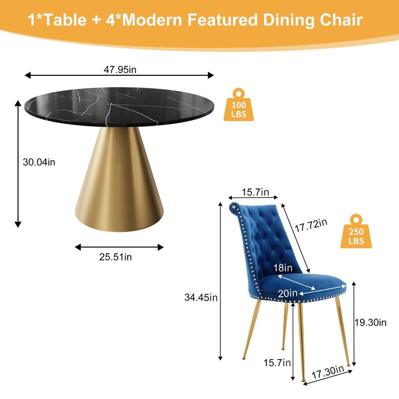 48" Marble Top Metal Dining Table with Velvet Dining Chair Set