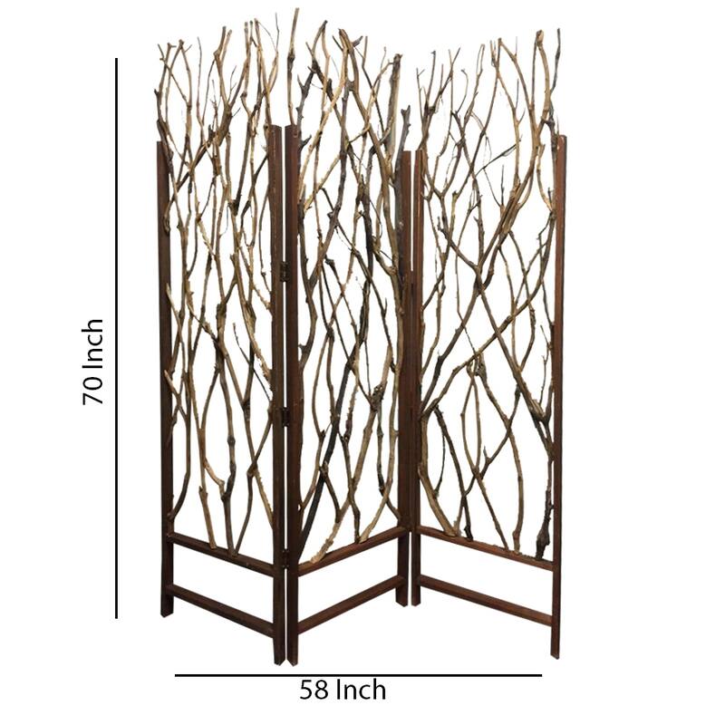3 Panel Contemporary Foldable Wood Screen with Tree Branches, Brown